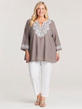 INC International Concepts Embroidered Tunic Top Plus Size 24W Taupe Boho Blouse